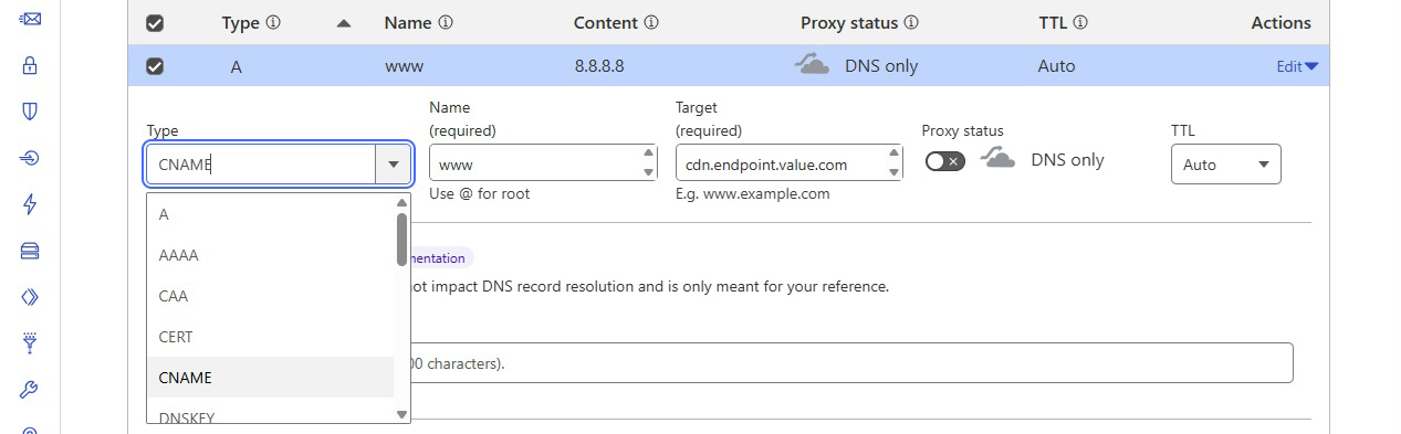 Cloudflare DNS Save Record